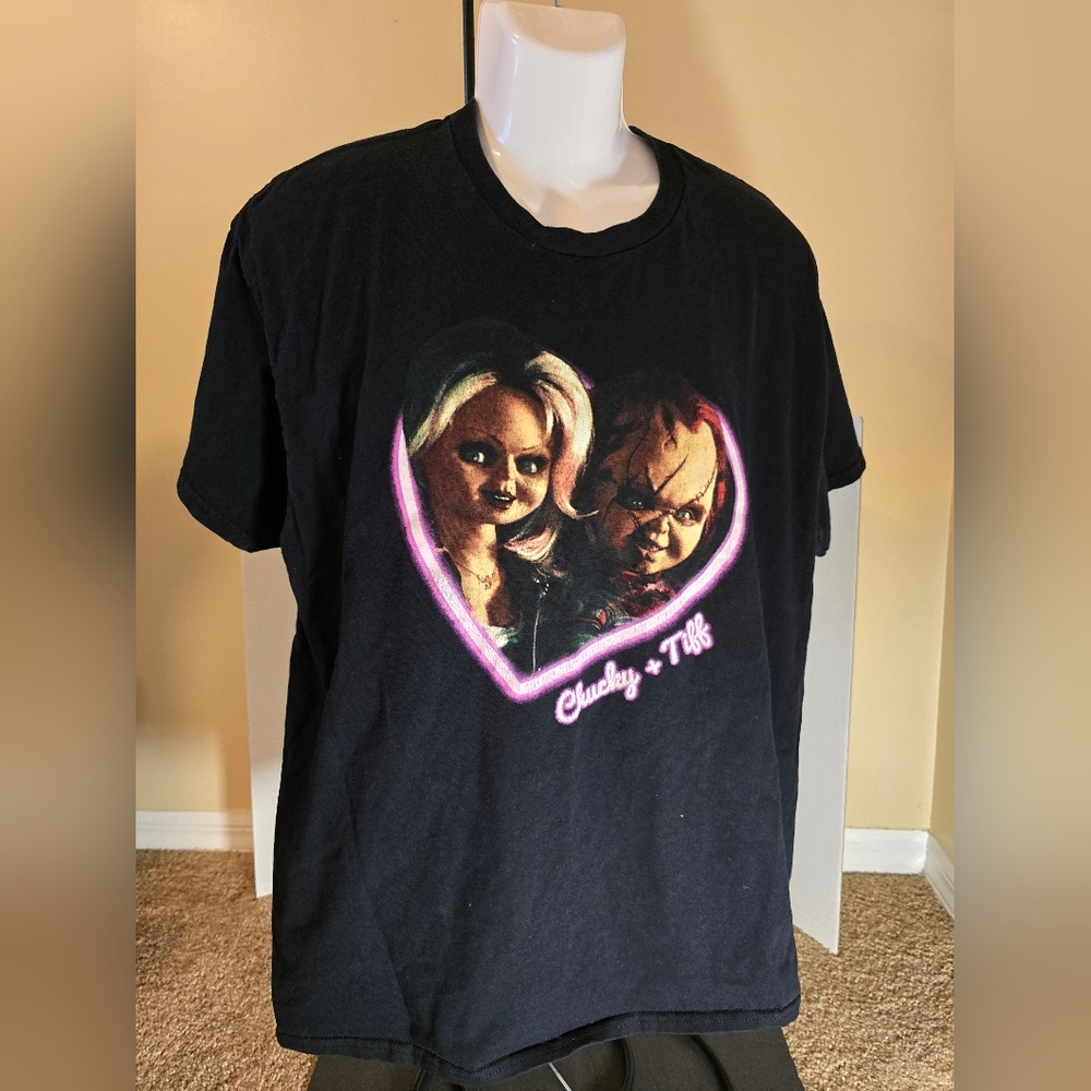Chucky T-Shirt Men's Chucky and Tiffany in Heart Short Sleeve Graphic Top XL